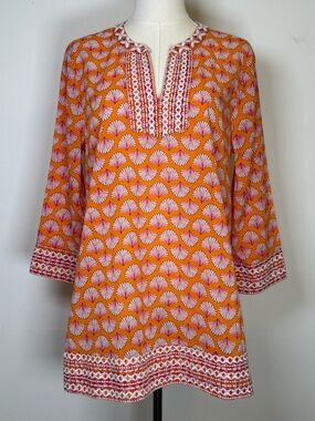 Sigrid Olsen 100% Cotton Tunic Top Embroidered Detail 3/4 Sleeve Women’s Small